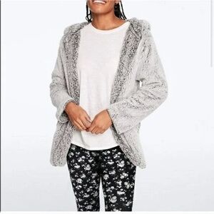 Victoria Secrets Pink Grey Hooded Sherpa Jacket - Size Medium